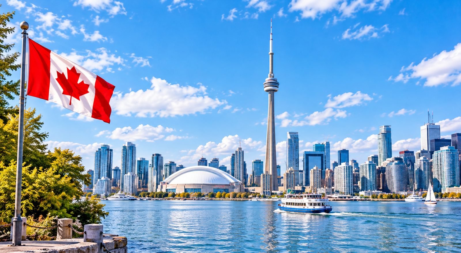 Toronto skyline with the CN Tower and Canadian flag, Canada