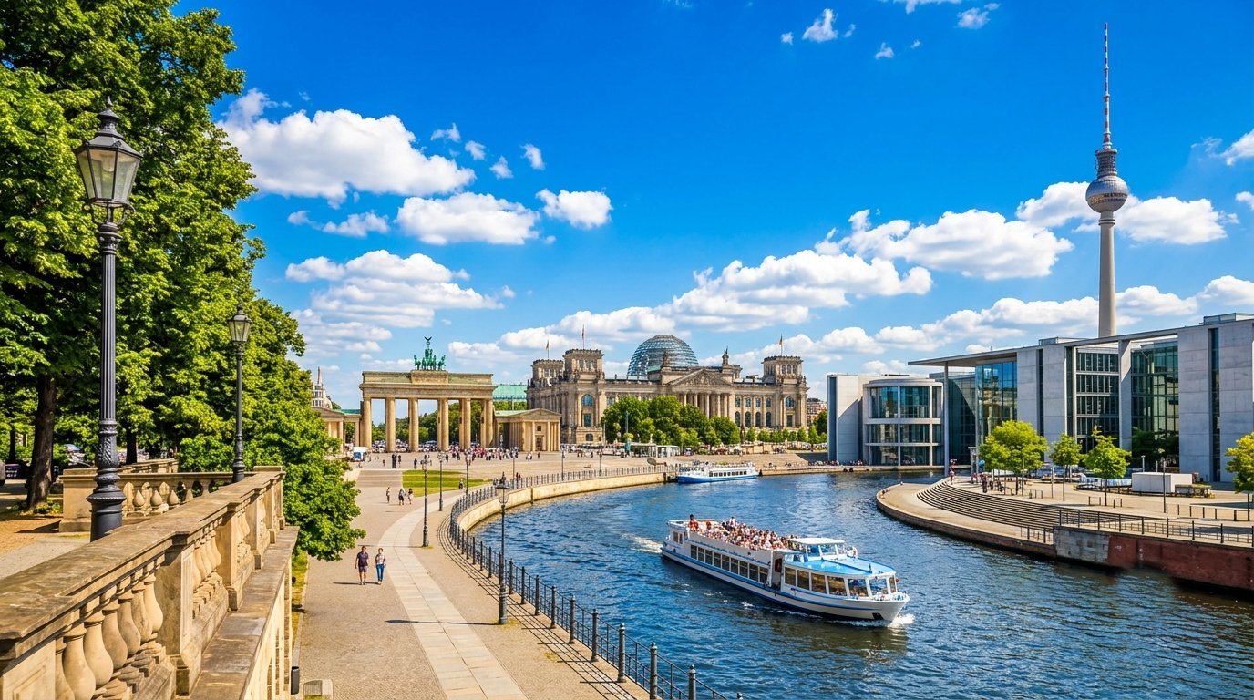 Brandenburg Gate, Reichstag and TV Tower along the River Spree, Berlin, Germany