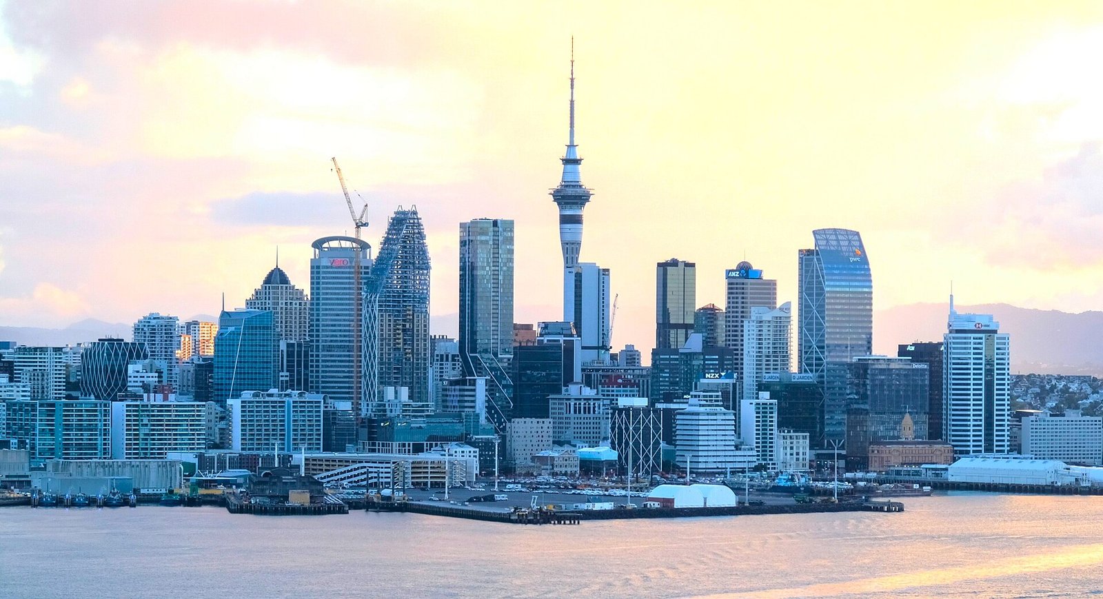 Bright Auckland skyline with the Sky Tower, New Zealand