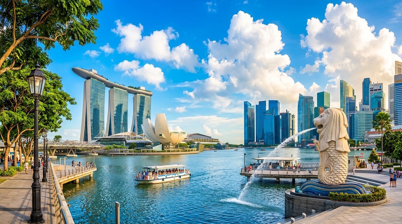 Marina Bay Sands, the Merlion and the city skyline, Singapore