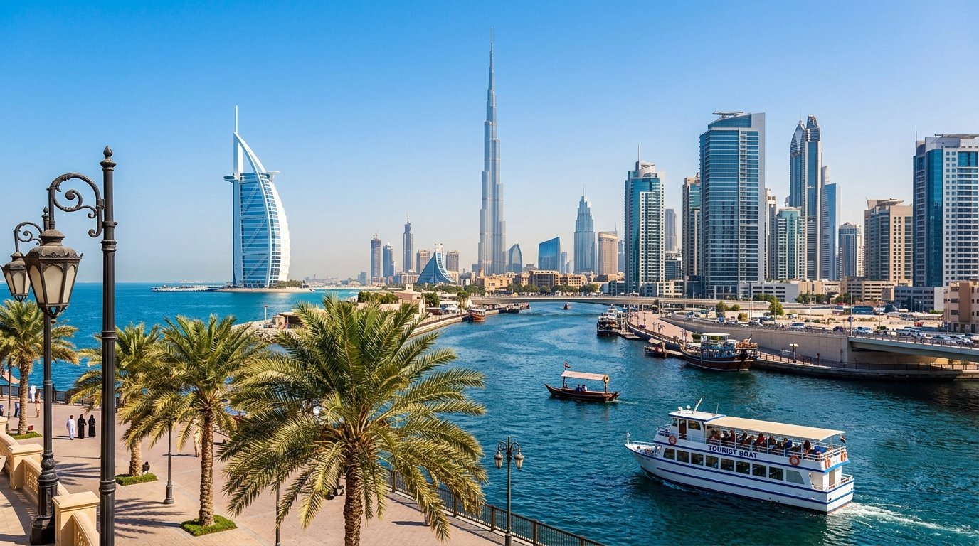 Burj Khalifa, Burj Al Arab and Dubai skyline along the waterfront, UAE